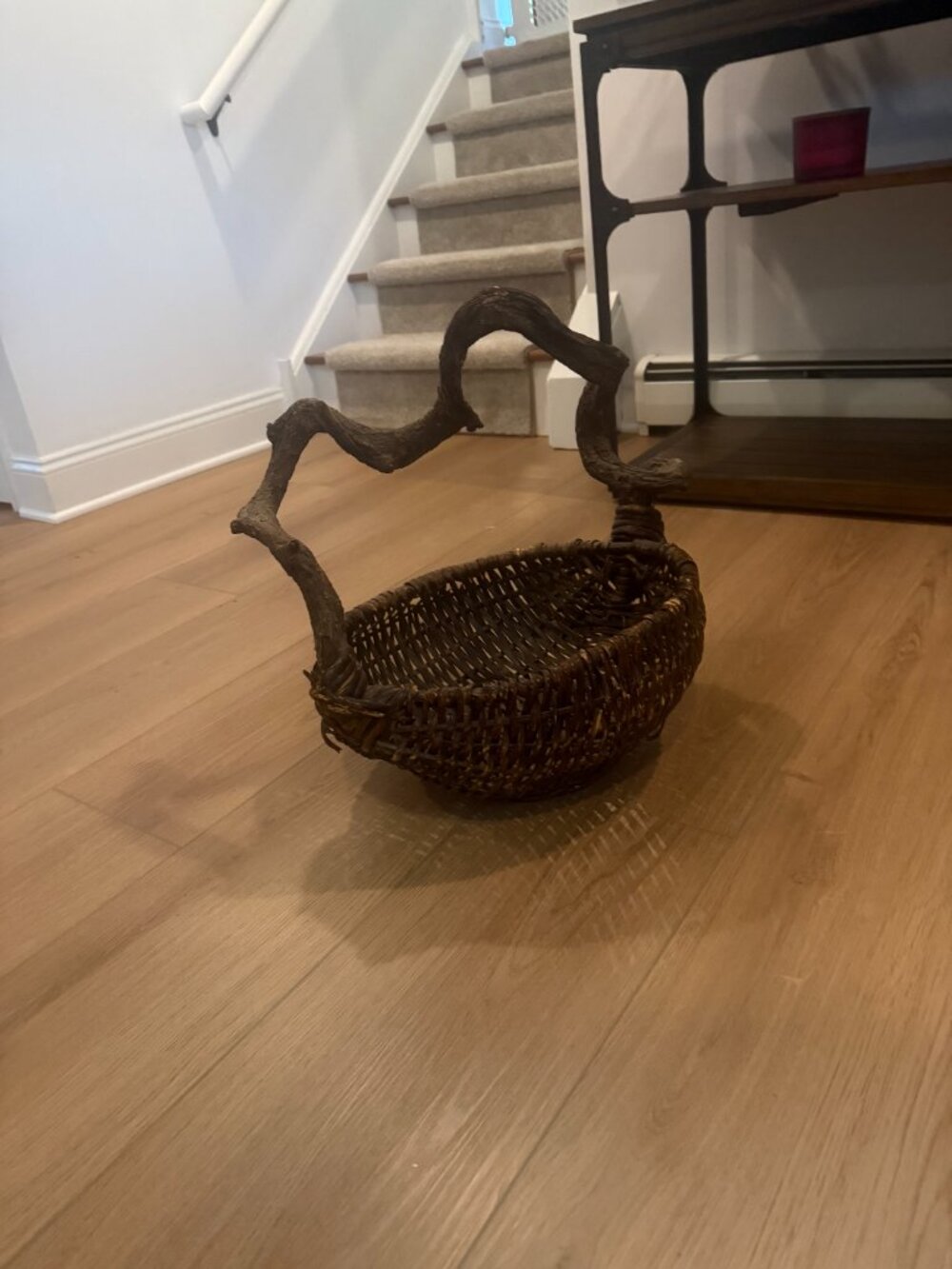 Vintage Boho Rustic Harvesting Gathering Basket Twisted Vine Handle Woven Wicker - Picture 7 of 8